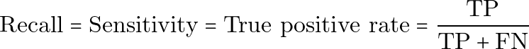 \begin{equation*} \text{Recall} = \text{Sensitivity} = \text{True positive rate} = \frac{\text{TP}}{\text{TP}+\text{FN}} \end{equation*}