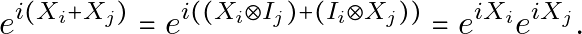 \begin{equation*}e^{i{(X_i+X_j)}}=e^{i((X_i\otimes I_j)+(I_i \otimes X_j))}=e^{iX_i}e^{iX_j}.\end{equation*}