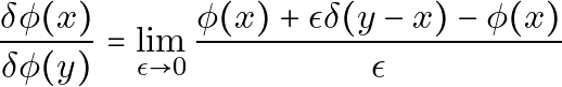 \[\frac{\delta \phi(x)}{\delta \phi(y)} = \lim_{{\epsilon \rightarrow 0}} \frac{\phi(x) + \epsilon \delta(y - x) - \phi(x)}{\epsilon}\]