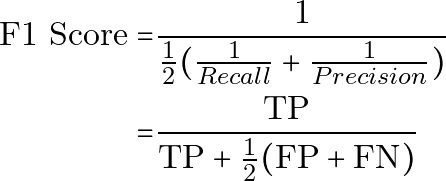 \begin{equation*} \begin{aligned} \text{F1 Score} = & \frac{1}{ \frac{1}{2} (\frac{1}{Recall} + \frac{1}{Precision}) } \\ = & \frac{\text{TP}}{ \text{TP} + \frac{1}{2}(\text{FP}+\text{FN}) } \end{aligned} \end{equation*}