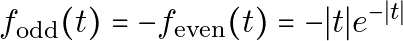 f_{\text{odd}}(t) = - f_{\text{even}}(t) = -|t| e^{-|t|}