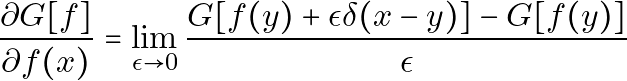 \[ \frac{\partial G[f]}{\partial f(x)} = \lim_{{\epsilon \to 0}} \frac{G[f(y) + \epsilon \delta(x-y)] - G[f(y)]}{\epsilon} \]