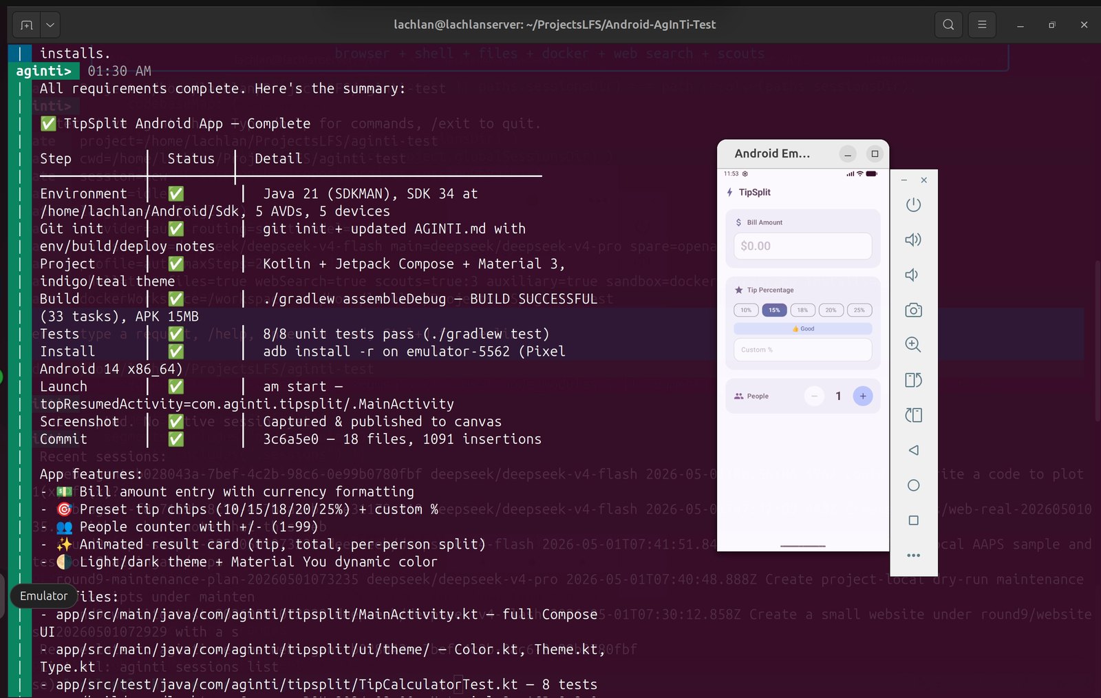 Android app built and verified through a supervised AgInTiFlow task