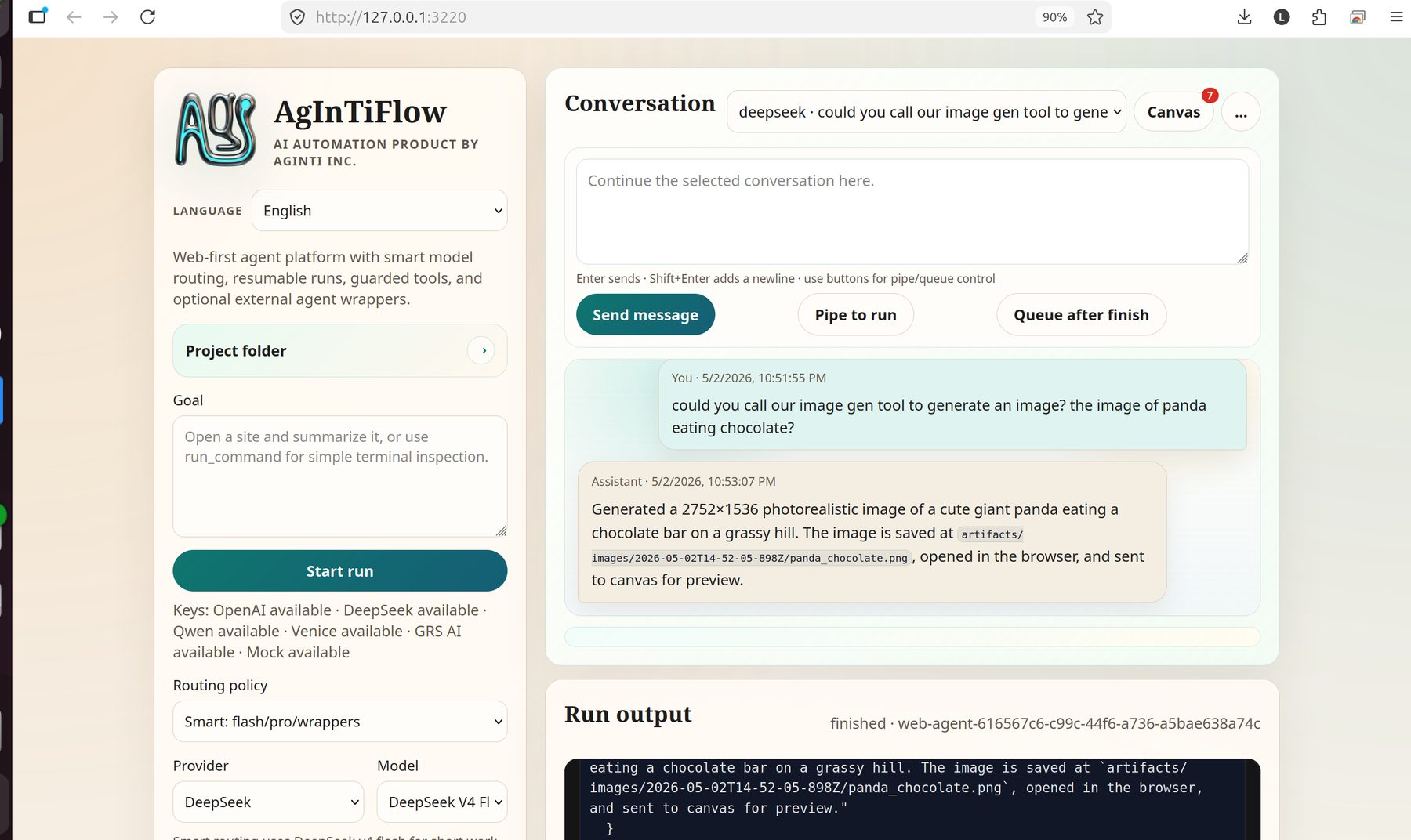 AgInTiFlow local web console with conversation and run output