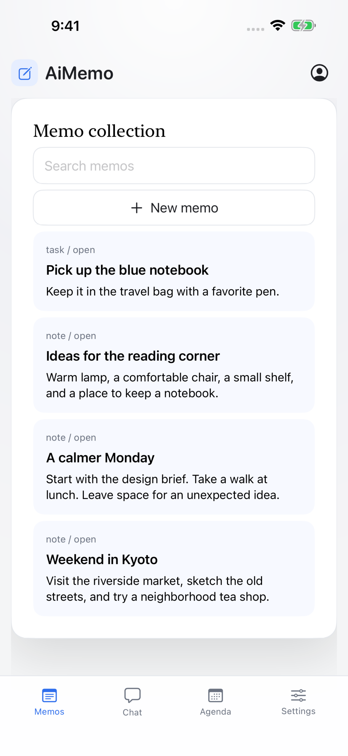 AiMemo's memo collection showing example notes and a task.