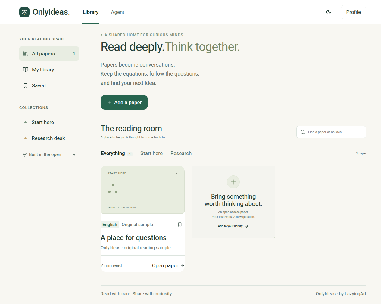 OnlyIdeas' public reading room, showing its original sample and an option to add a paper.