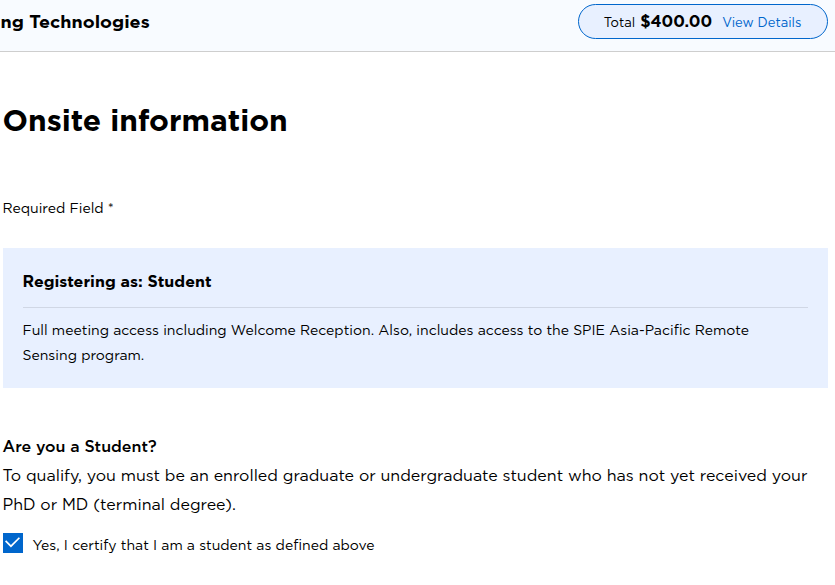 The student declaration is selected, the registration category reads Student, and the displayed total is US$400.