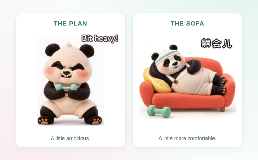 Lala lifting a small dumbbell, then lying on a red sofa: a little exercise, a very good rest.