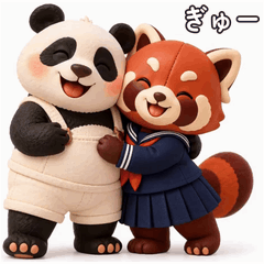 Lala and Aya hugging, with the Japanese caption ぎゅー